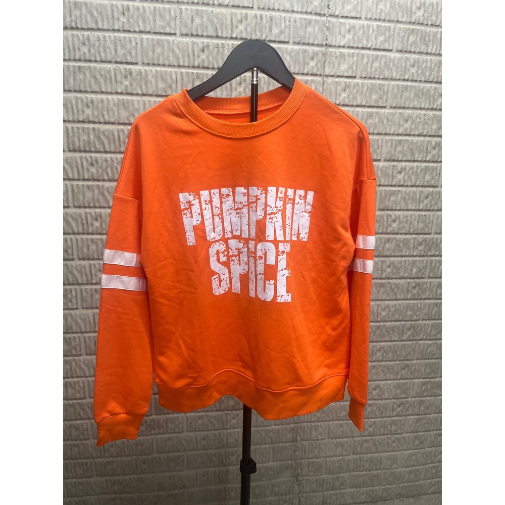 Pumpkin Spice Orange Graphic Sweatshirt Varsity Stripe Pullover Small